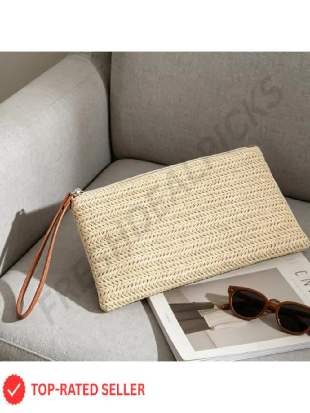 Straw Clutch Purse for Women Wristlet Boho Handbag Zipper